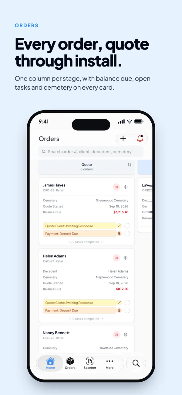 Every order, quote through install